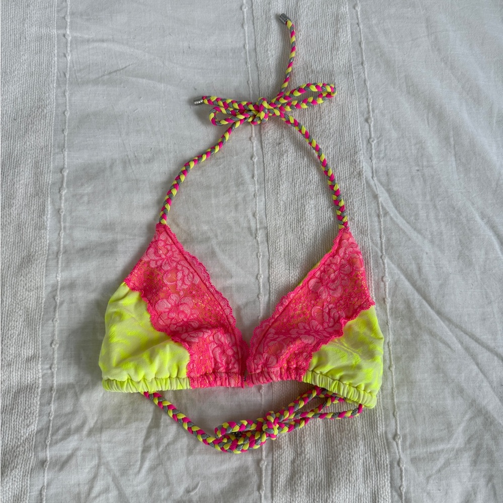Beach Bunny Lady Lace Neon Pink and Yellow/Green Lace Bikini Top